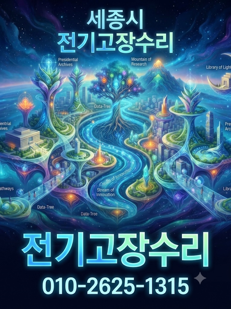 세종시 전기고장수리 안내 및 연락처 (010-2625-1315)가 적힌 미래지향적 도시 일러스트